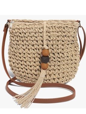 🆕 Woven Tassel Crossbody Bag in Beige with Tan Strap